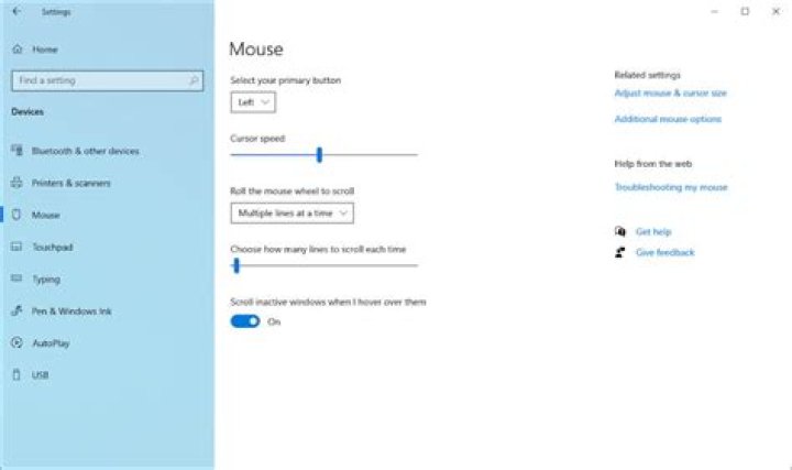 What are the default mouse settings on Windows 10?