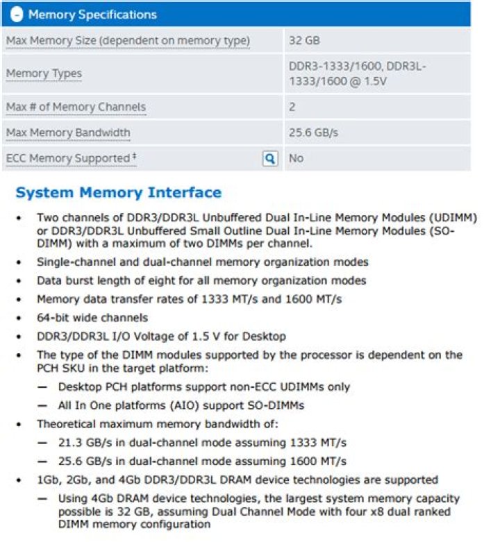 What do these Intel Memory Specifications mean?