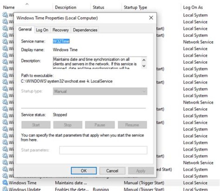 Windows 10 unable to time sync, time service is greyed out