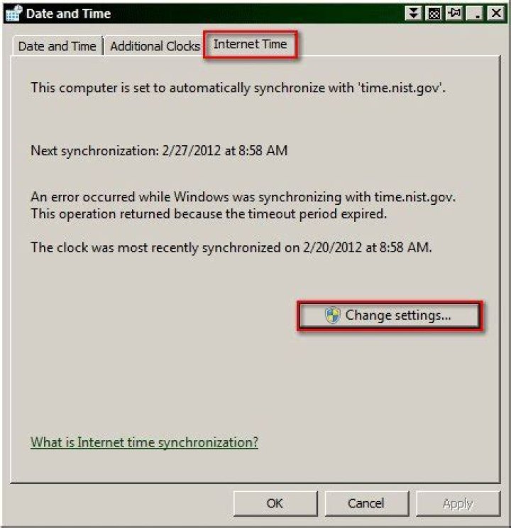 Windows 7: Internet Time Settings