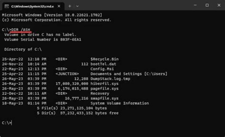 Windows command-line command to list hidden folders
