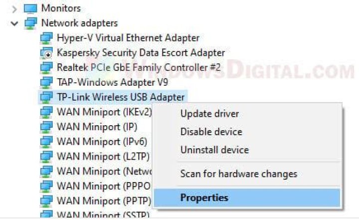 Wireless adapter properties